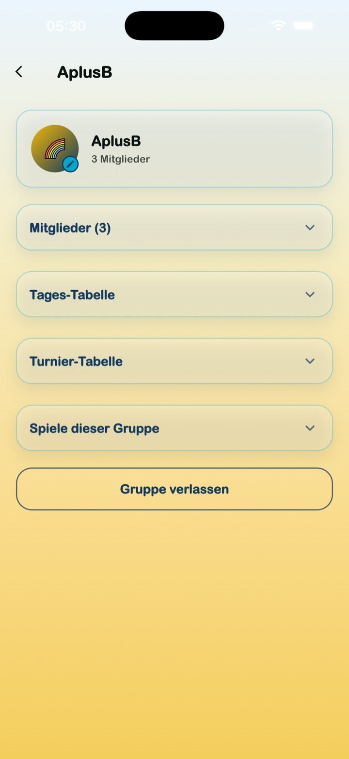 Gruppenseite mit Mitgliedern, Tages- und Turnier-Tabelle