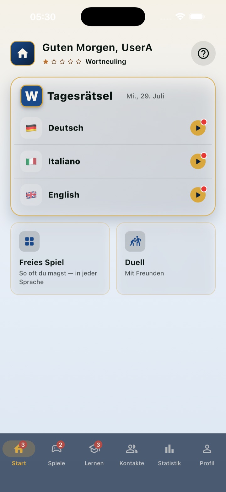 Wordlino-Startseite mit dem Tagesrätsel in drei Sprachen