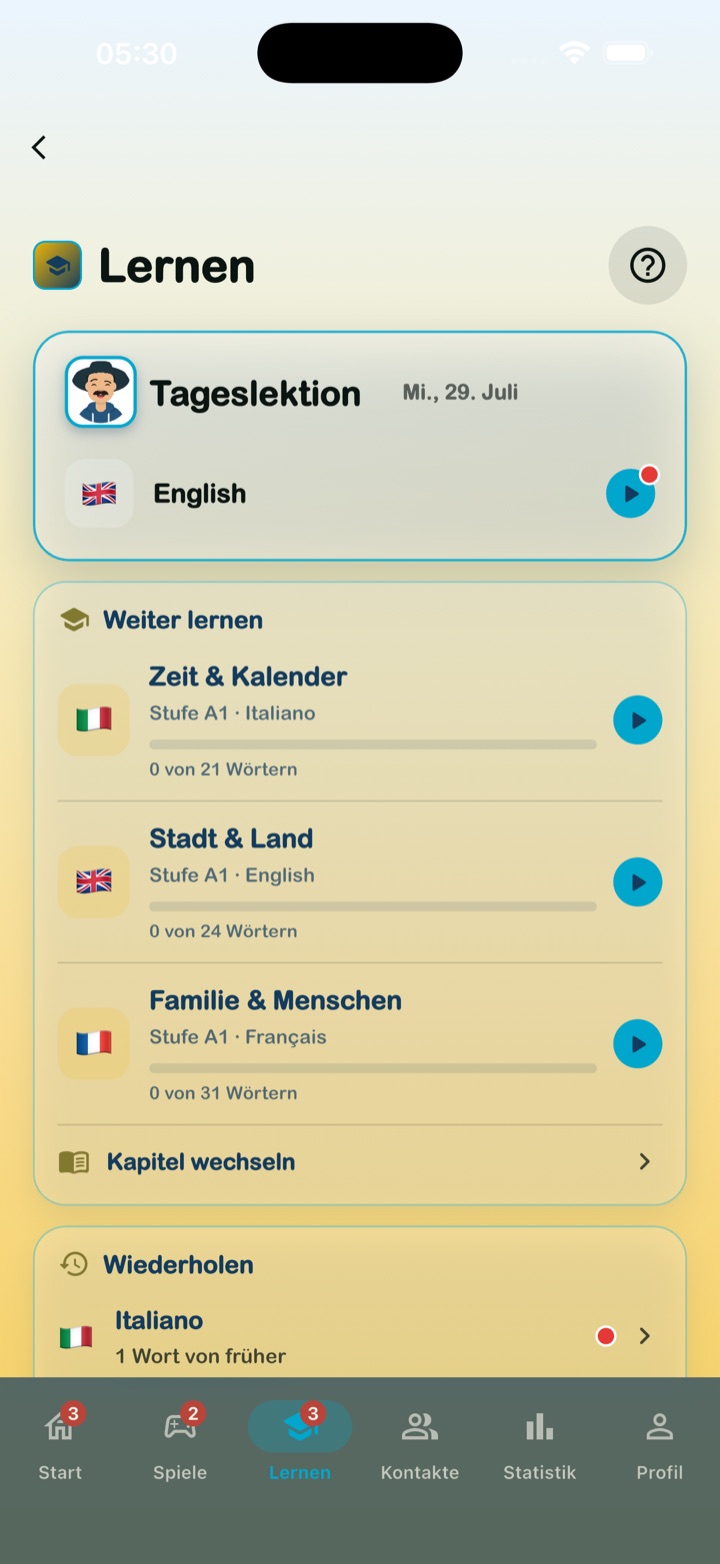 Lernbereich mit Tageslektion, Kapiteln und Wiederholen