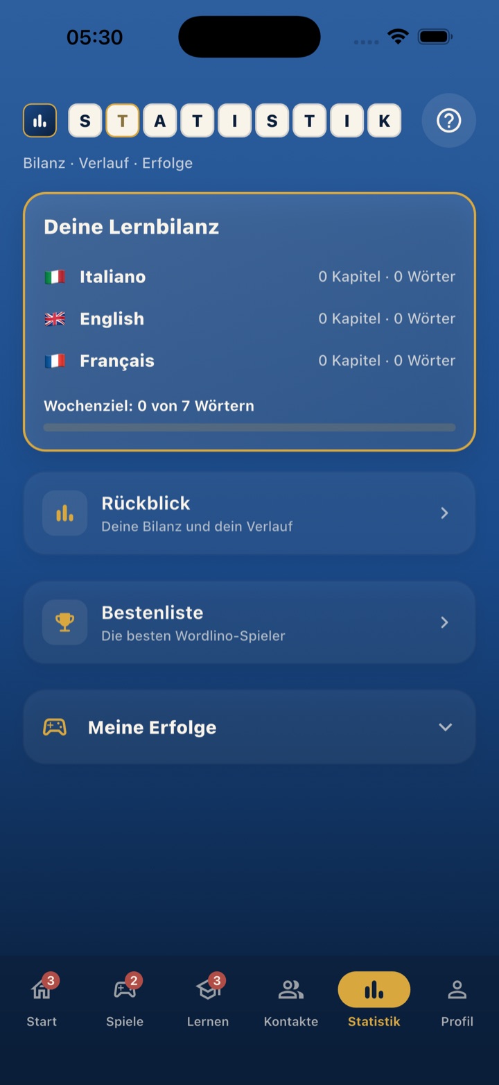 Statistik-Seite im dunklen Theme